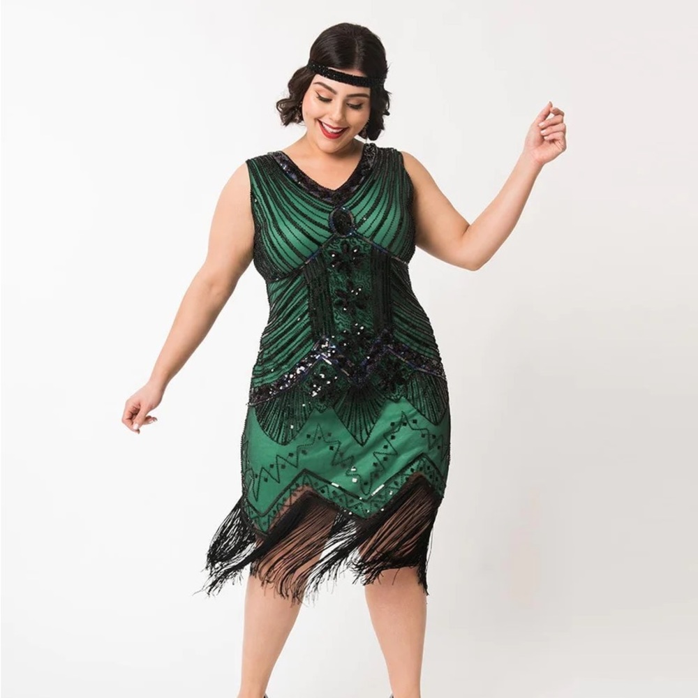 🎃 🖤💚 Vintage 1920s Deco Green & Black Sequin Veronique Flapper Dress - 1X/16